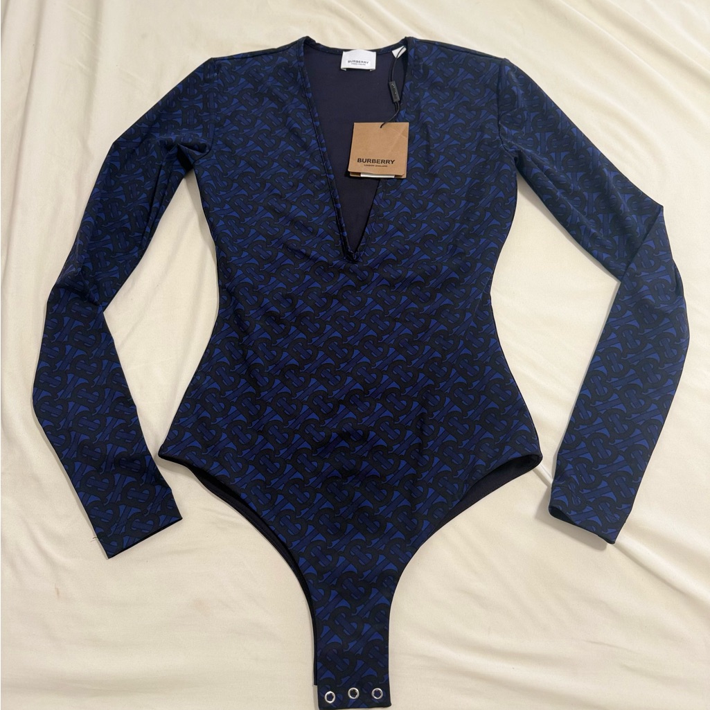 Nwt Burberry Tb Monogram Print Plunging Neckline Long-Sleeve Bodysuit In Xs